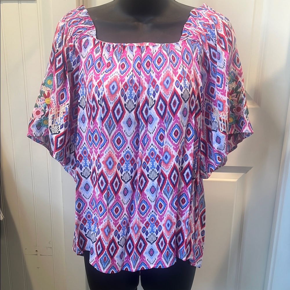 Savanna Jane Purple Geometric Blouse with Square Neckline